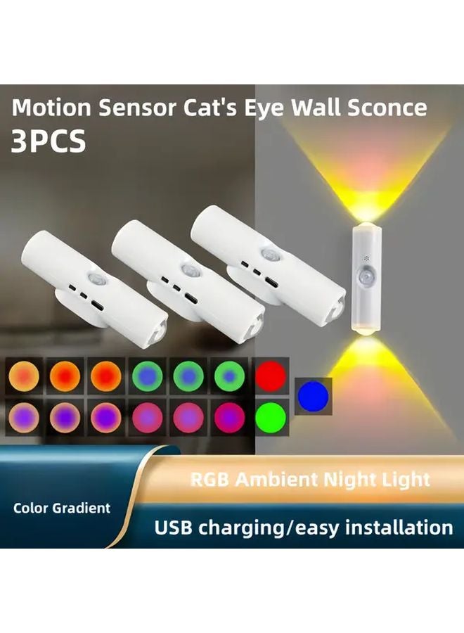 3 Pcs Mini LED Motion Sensor Wall Lights RGB Color Adjustable USB Rechargeable Indoor Nightlight - Image 5