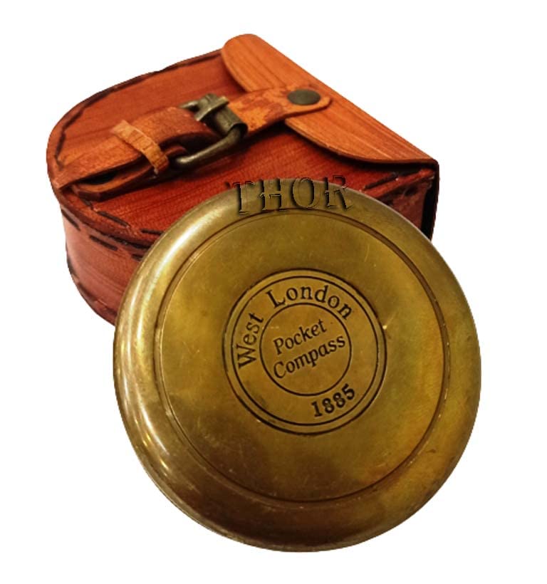 THOR INSTRUMENTS بوصلة جيب نحاسية عتيقة الطراز مع علبة جلدية - هدايا ديكور منزلي ريفي عتيق - Image 3