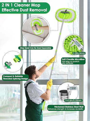 WillingHeart 2 in 1 Lightweight Wall Cleaner Mop with Long Handle 75 190cm Ceiling Duster LintFree Chenille Fiber Mop for Kitchen Baseboard Floor Glass Window Roof Cleaning Washer Scrubber Brush Tool Wet Dry Use - Image 3