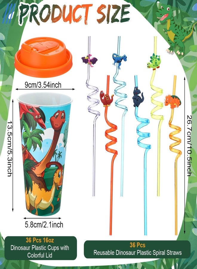 Maxcheck 16 Sets 16 oz Dinosaur Cups Birthday Party Favors with Colorful Lids and Straws for Birthday Decorations Rainbow Plastic Cups Reusable Plastic Straws for Party - Image 2