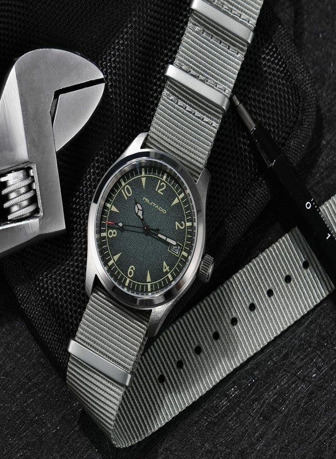 TACTICAL FROG Militado ML08 Japanese Sweep VH31 Field Watch 38mm Men's Military Watch Sapphire Crystal 10 ATM Waterproof Analog Watches for Men and Women, Gray Dial / VH31 / Calendar /Nylon Strap - Image 3