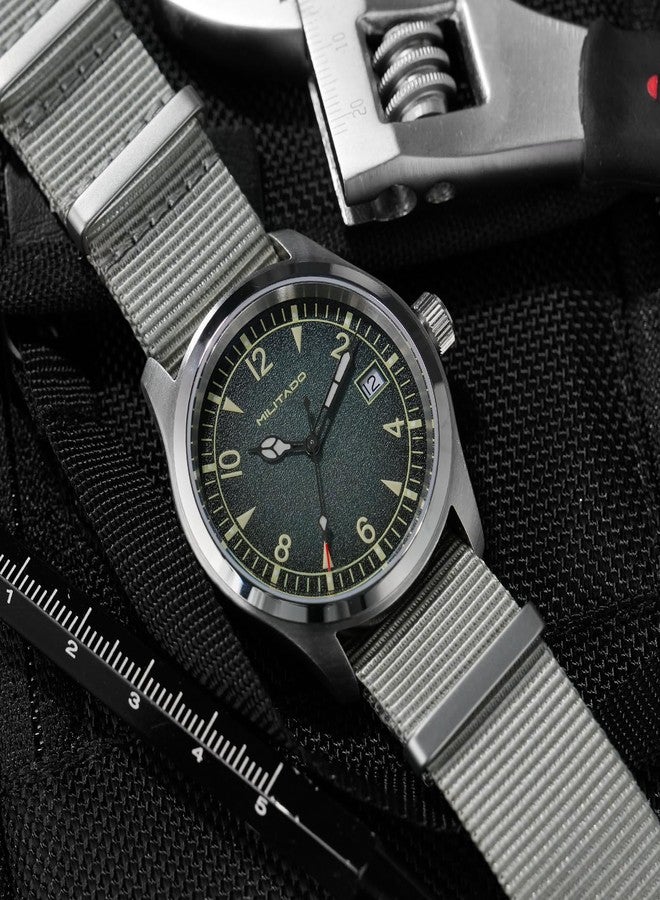TACTICAL FROG Militado ML08 Japanese Sweep VH31 Field Watch 38mm Men's Military Watch Sapphire Crystal 10 ATM Waterproof Analog Watches for Men and Women, Gray Dial / VH31 / Calendar /Nylon Strap - Image 2