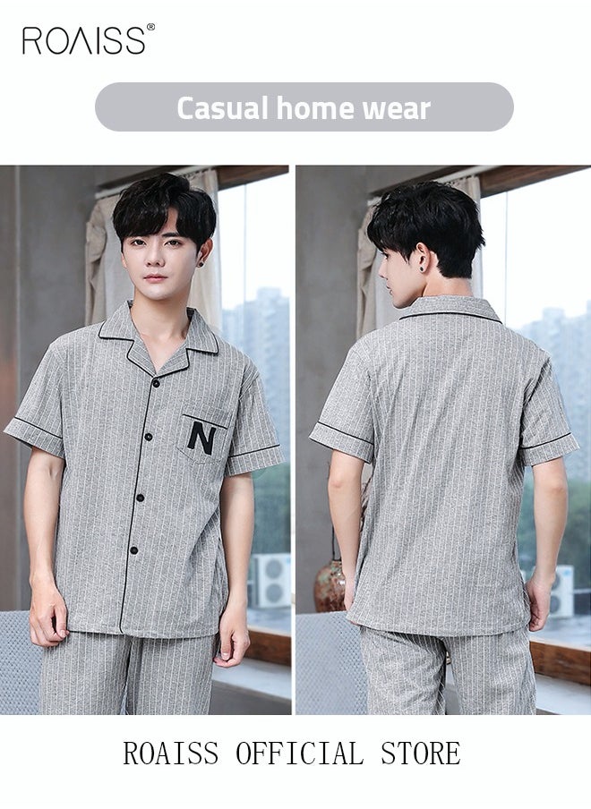 roaiss - 2-Piece Pajama Set Men's Cotton Short-Sleeved T-Shirt Long Pants Sets Pattern Sleepwear Nightgown Male Loose Spring Summer Thin Loungewear Home Clothes Grey - Image 1