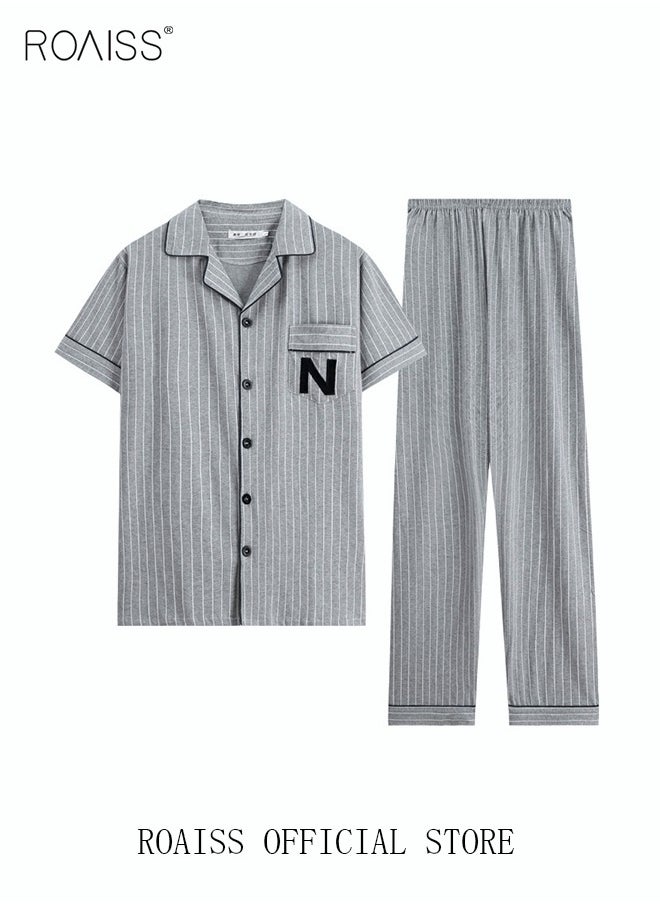 roaiss - 2-Piece Pajama Set Men's Cotton Short-Sleeved T-Shirt Long Pants Sets Pattern Sleepwear Nightgown Male Loose Spring Summer Thin Loungewear Home Clothes Grey - Image 1
