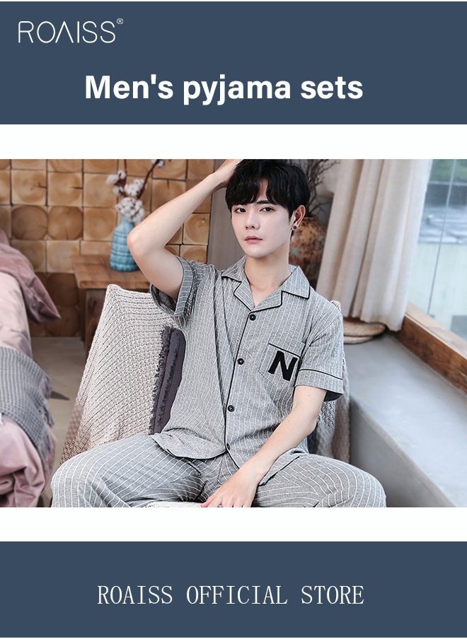 roaiss - 2-Piece Pajama Set Men's Cotton Short-Sleeved T-Shirt Long Pants Sets Pattern Sleepwear Nightgown Male Loose Spring Summer Thin Loungewear Home Clothes Grey - Image 1