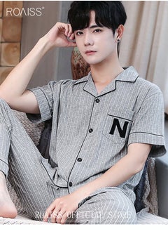 roaiss 2-Piece Pajama Set Men's Cotton Short-Sleeved T-Shirt Long Pants Sets Pattern Sleepwear Nightgown Male Loose Spring Summer Thin Loungewear Home Clothes Grey  - Image 3