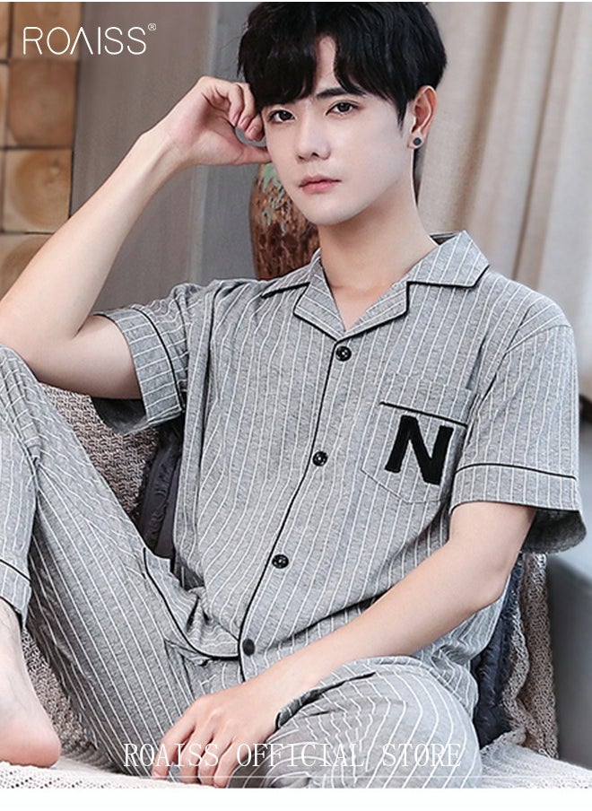 roaiss - 2-Piece Pajama Set Men's Cotton Short-Sleeved T-Shirt Long Pants Sets Pattern Sleepwear Nightgown Male Loose Spring Summer Thin Loungewear Home Clothes Grey - Image 1