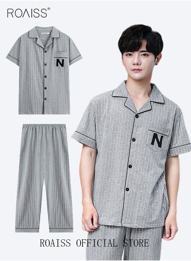 roaiss - 2-Piece Pajama Set Men's Cotton Short-Sleeved T-Shirt Long Pants Sets Pattern Sleepwear Nightgown Male Loose Spring Summer Thin Loungewear Home Clothes Grey - Image 1