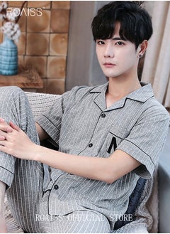 roaiss 2-Piece Pajama Set Men's Cotton Short-Sleeved T-Shirt Long Pants Sets Pattern Sleepwear Nightgown Male Loose Spring Summer Thin Loungewear Home Clothes Grey  - Image 4
