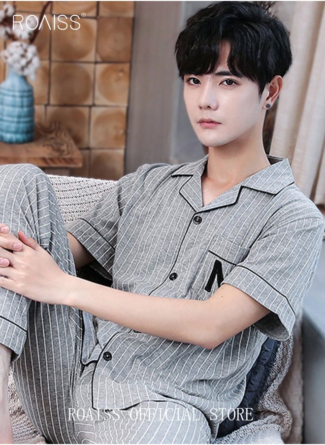 roaiss - 2-Piece Pajama Set Men's Cotton Short-Sleeved T-Shirt Long Pants Sets Pattern Sleepwear Nightgown Male Loose Spring Summer Thin Loungewear Home Clothes Grey - Image 1
