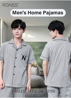 roaiss 2-Piece Pajama Set Men's Cotton Short-Sleeved T-Shirt Long Pants Sets Pattern Sleepwear Nightgown Male Loose Spring Summer Thin Loungewear Home Clothes Grey  - Image 2