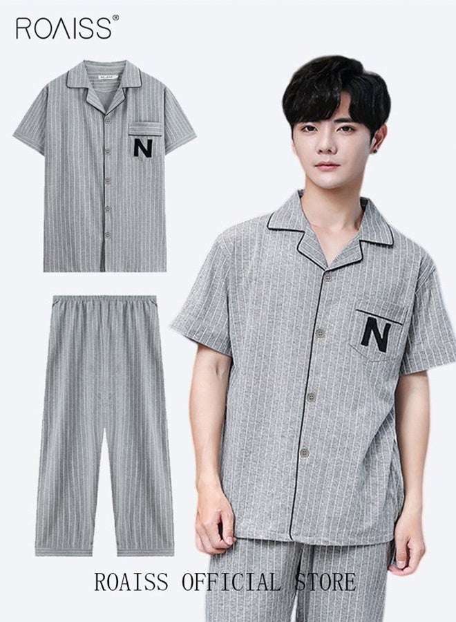 roaiss 2-Piece Pajama Set Men's Cotton Short-Sleeved T-Shirt Long Pants Sets Pattern Sleepwear Nightgown Male Loose Spring Summer Thin Loungewear Home Clothes Grey  - Image 1