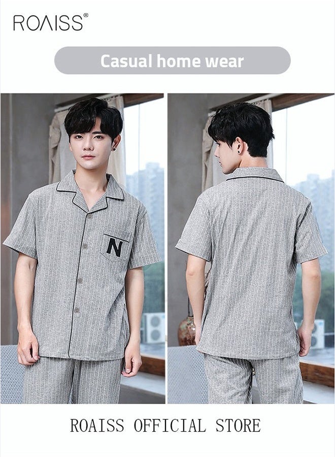 roaiss 2-Piece Pajama Set Men's Cotton Short-Sleeved T-Shirt Long Pants Sets Pattern Sleepwear Nightgown Male Loose Spring Summer Thin Loungewear Home Clothes Grey  - Image 4