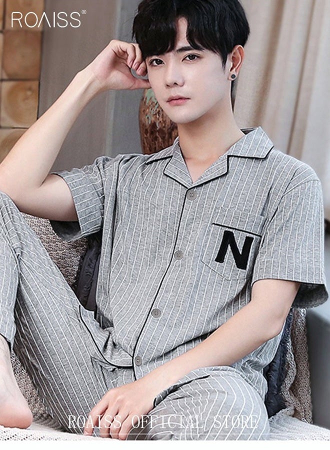 roaiss 2-Piece Pajama Set Men's Cotton Short-Sleeved T-Shirt Long Pants Sets Pattern Sleepwear Nightgown Male Loose Spring Summer Thin Loungewear Home Clothes Grey  - Image 3