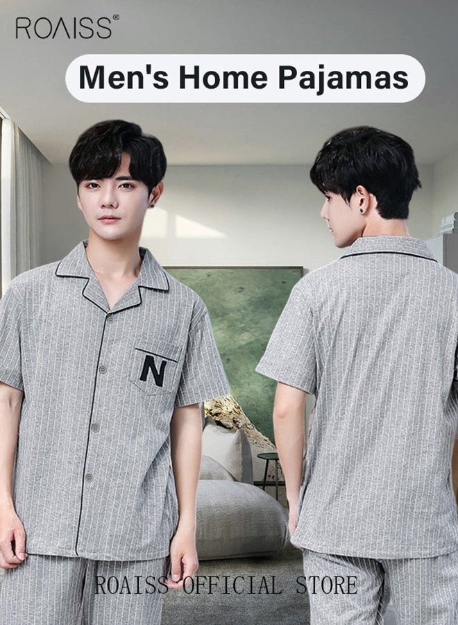 roaiss 2-Piece Pajama Set Men's Cotton Short-Sleeved T-Shirt Long Pants Sets Pattern Sleepwear Nightgown Male Loose Spring Summer Thin Loungewear Home Clothes Grey  - Image 2