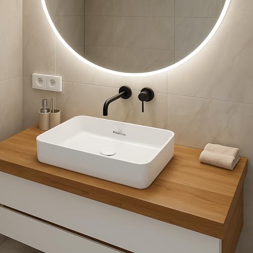 KrissKross Countertop Ceramic Wash Basin, Rectangular Vessel Sink, Above-Counter Mount, Single-Tap Compatible, Gloss White, Easy-Clean, Table Top Washbasin - Image 1