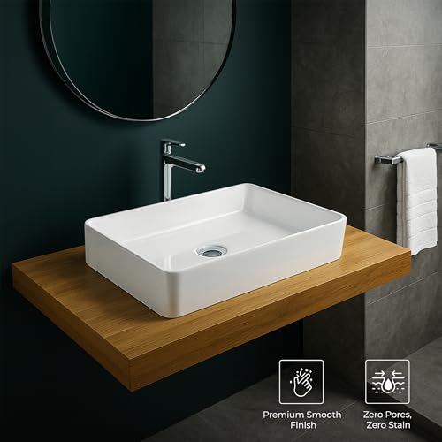 KrissKross Countertop Ceramic Wash Basin, Rectangular Vessel Sink, Above-Counter Mount, Single-Tap Compatible, Gloss White, Easy-Clean, Table Top Washbasin - Image 4
