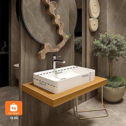 KrissKross Countertop Ceramic Wash Basin, Rectangular Vessel Sink, Above-Counter Mount, Single-Tap Compatible, Gloss White, Easy-Clean, Table Top Washbasin - Image 2