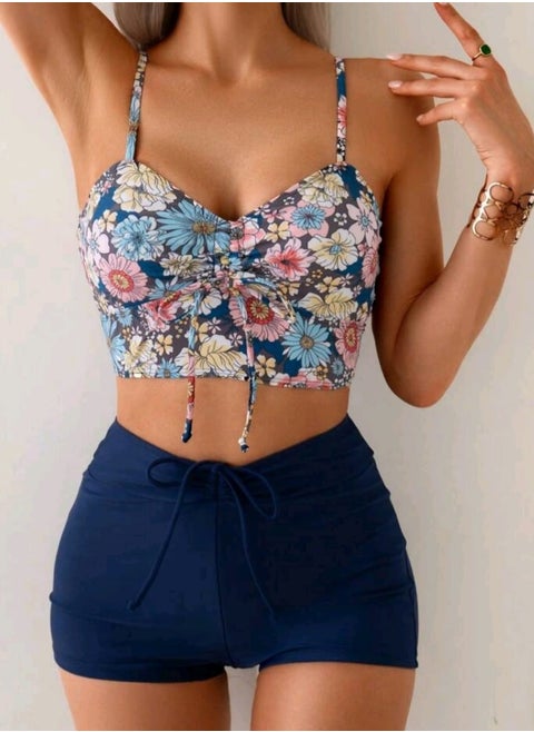 SHEIN Swim Women Spring Break Spaghetti Strap Spaghetti Strap High Waist Solid Color Tankini Set