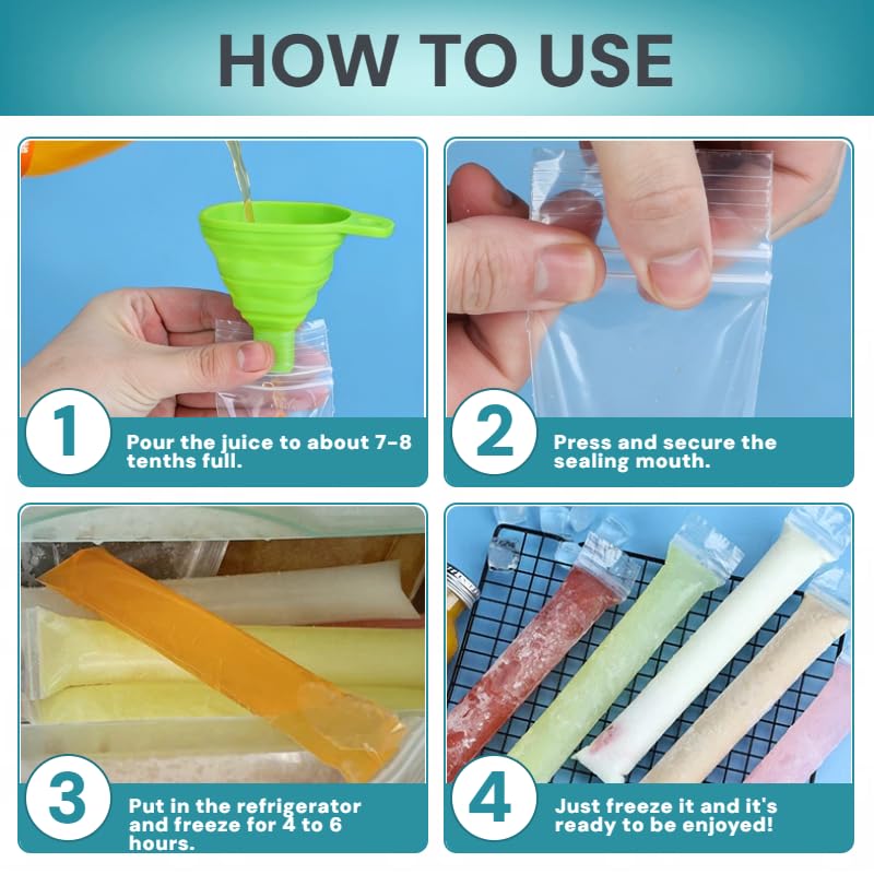 Laoha 200 packs of disposable ice pops molds with funnels, for making homemade yogurt, juice and smoothie popsicles - Image 3