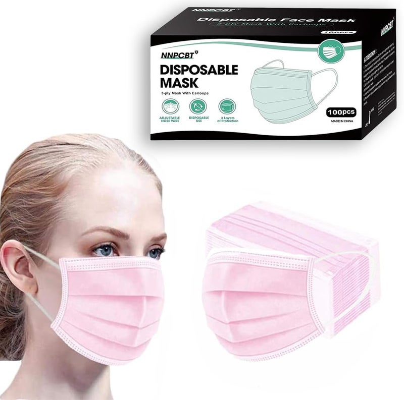 NNPCBT Pink Disposable Face Masks 100 Pack,3-Ply Breathable Mask For Adults,Great For Outdoors,Home, Office, School - Image 1