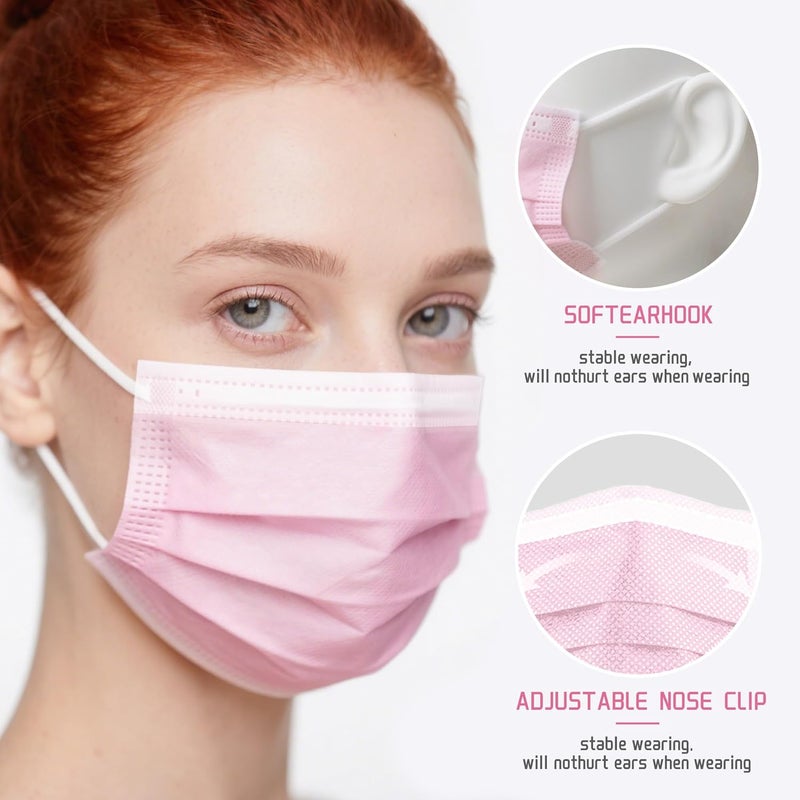 NNPCBT Pink Disposable Face Masks 100 Pack,3-Ply Breathable Mask For Adults,Great For Outdoors,Home, Office, School - Image 2