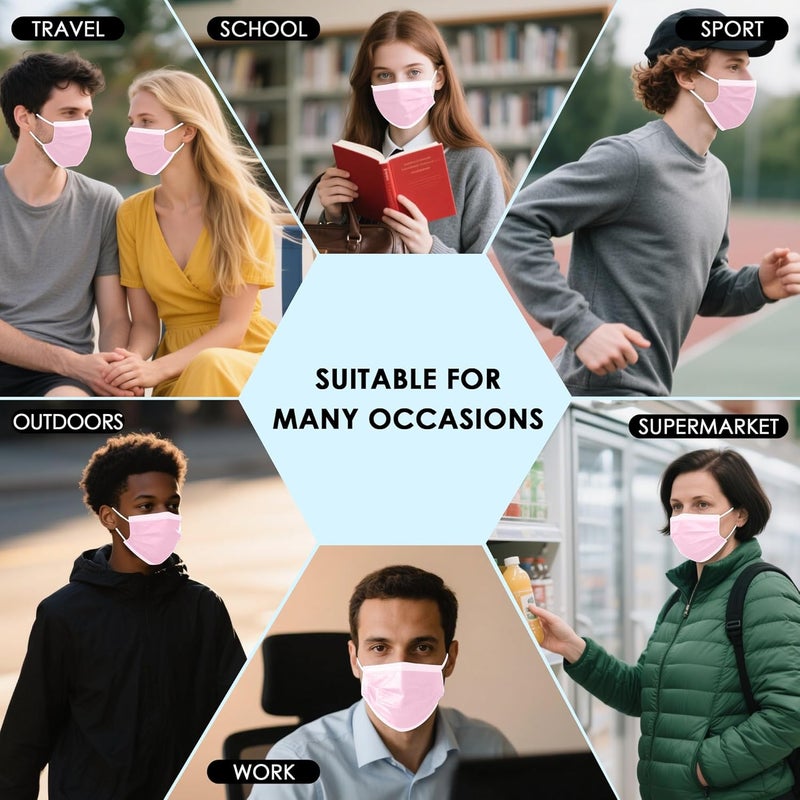 NNPCBT Pink Disposable Face Masks 100 Pack,3-Ply Breathable Mask For Adults,Great For Outdoors,Home, Office, School - Image 5