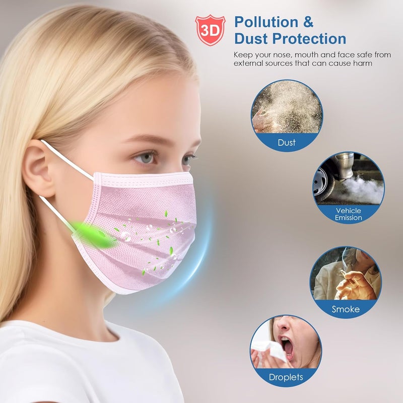NNPCBT Pink Disposable Face Masks 100 Pack,3-Ply Breathable Mask For Adults,Great For Outdoors,Home, Office, School - Image 4