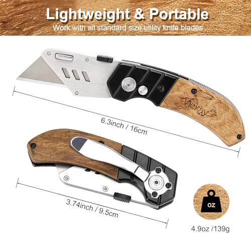 Vickay Utility Knife with Belt Clip, Heavy Duty Box Cutter Knife for Cartons, Cardboard, Carpet and Leather, Razor Knife with Wood Handle and Extra 5 SK5 Blades - Image 3