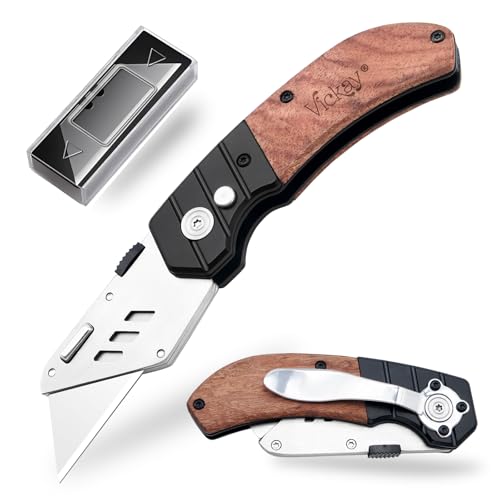 Vickay Utility Knife with Belt Clip, Heavy Duty Box Cutter Knife for Cartons, Cardboard, Carpet and Leather, Razor Knife with Wood Handle and Extra 5 SK5 Blades - Image 1