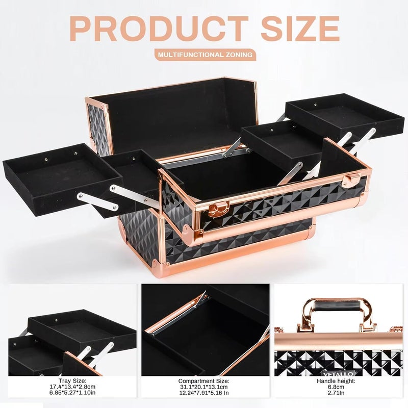ADSON Professional Makeup Box Cosmetics Case Jewelry Organiser Vanity Make Up Storage Box Beauty Train Case Lockable with Keys (Metallic Rose Gold) - Image 3