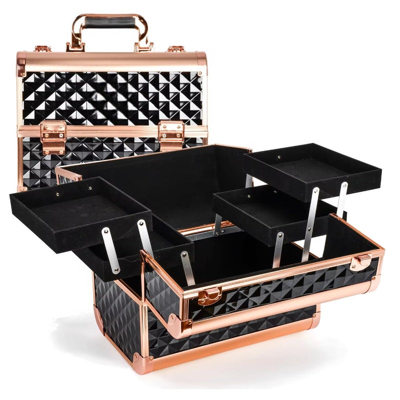 ADSON Professional Makeup Box Cosmetics Case Jewelry Organiser Vanity Make Up Storage Box Beauty Train Case Lockable with Keys (Metallic Rose Gold) - Image 1