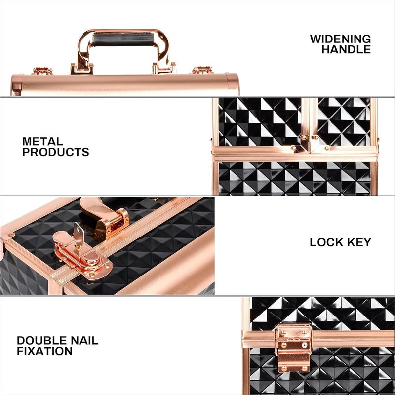 ADSON Professional Makeup Box Cosmetics Case Jewelry Organiser Vanity Make Up Storage Box Beauty Train Case Lockable with Keys (Metallic Rose Gold) - Image 4