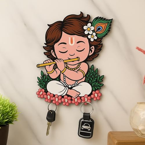 Bhikham Creation Key Holder for Home Decor Stylish - Wooden Key Holder for Home/Office Decor/Key Hanger for Wall Decor, Decorative Item for Home(10 Inch x 8 Inch) (Blue Krishna) - Image 1