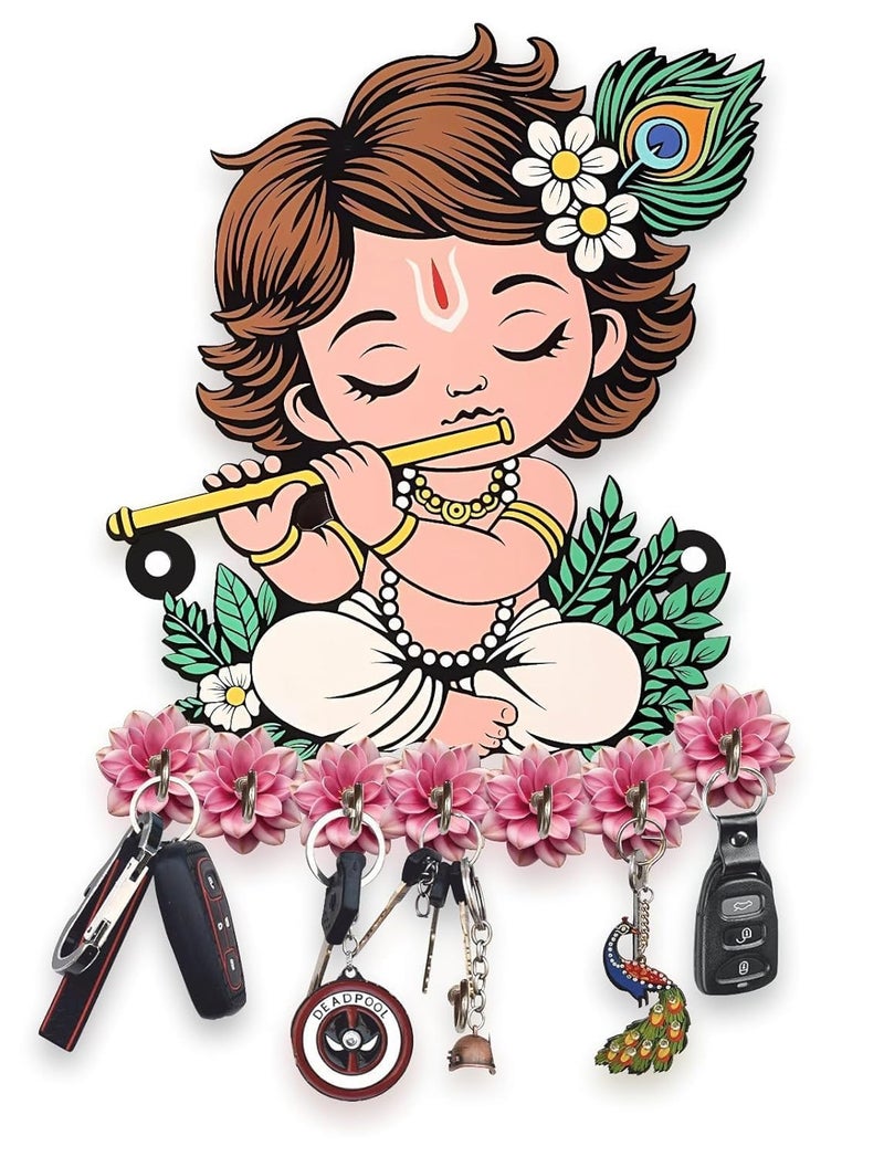 Bhikham Creation Key Holder for Home Decor Stylish - Wooden Key Holder for Home/Office Decor/Key Hanger for Wall Decor, Decorative Item for Home(10 Inch x 8 Inch) (Blue Krishna) - Image 4