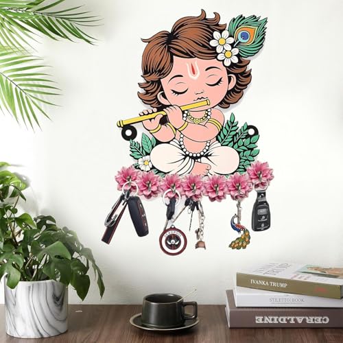 Bhikham Creation Key Holder for Home Decor Stylish - Wooden Key Holder for Home/Office Decor/Key Hanger for Wall Decor, Decorative Item for Home(10 Inch x 8 Inch) (Blue Krishna) - Image 3