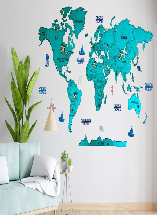 Elk 3D Wooden World Map Wall Decor - Metallic Green Color - Perfect Wall Decor for Travel Enthusiasts | Size:M (120x69CM) - Image 1