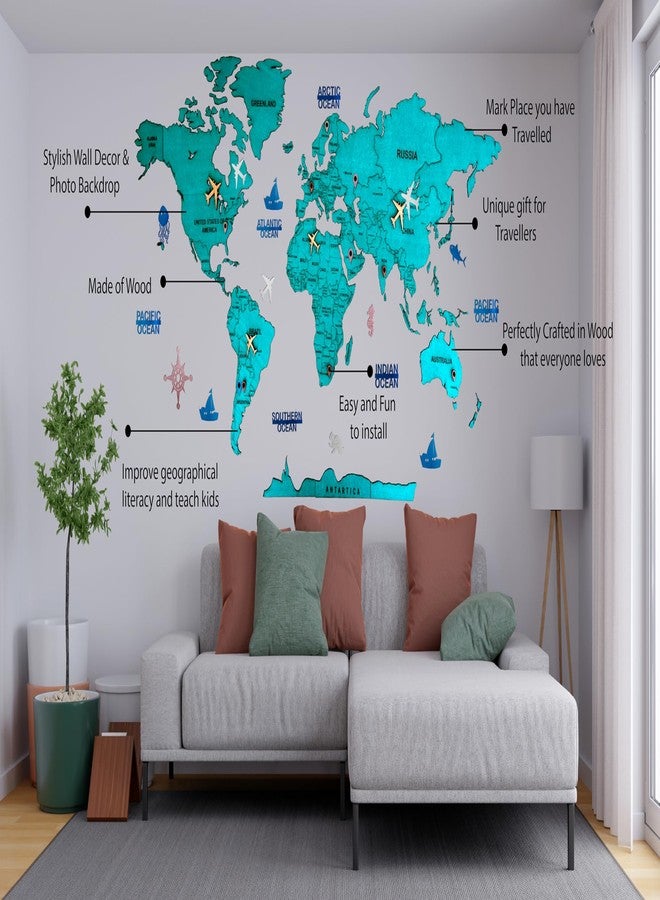 Elk 3D Wooden World Map Wall Decor - Metallic Green Color - Perfect Wall Decor for Travel Enthusiasts | Size:M (120x69CM) - Image 4