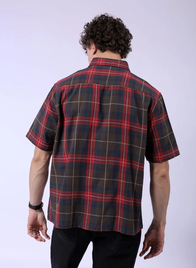 The Indian Garage Co Men Boxy Fit Checkered Half Sleeves Cuban Collar Double Flap Pocket Street Wear Over Shirt