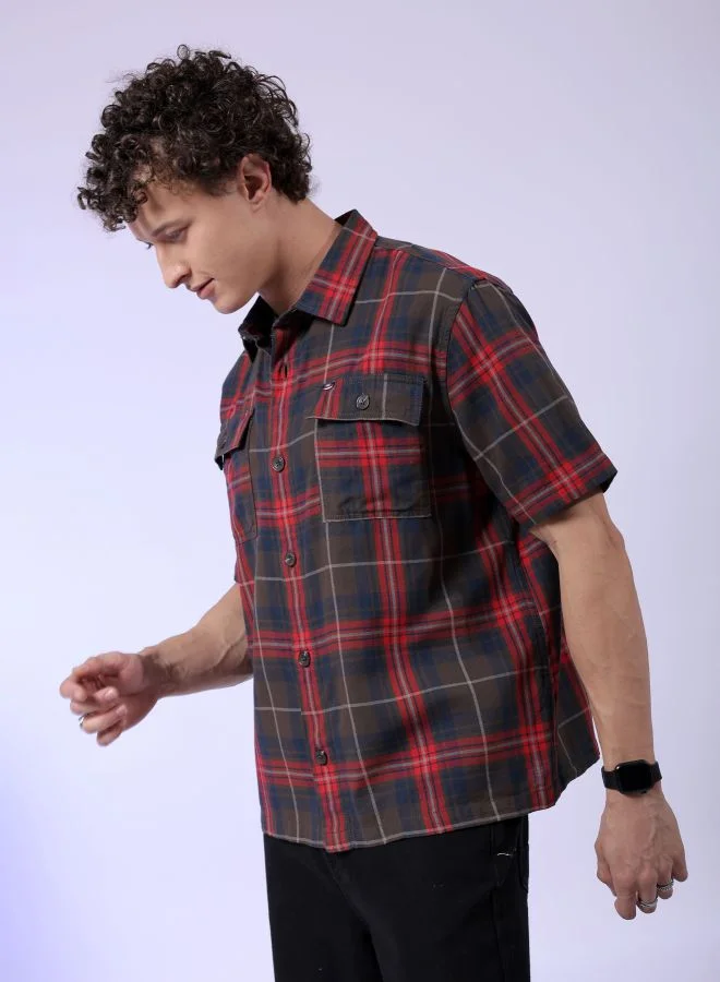 The Indian Garage Co Men Boxy Fit Checkered Half Sleeves Cuban Collar Double Flap Pocket Street Wear Over Shirt