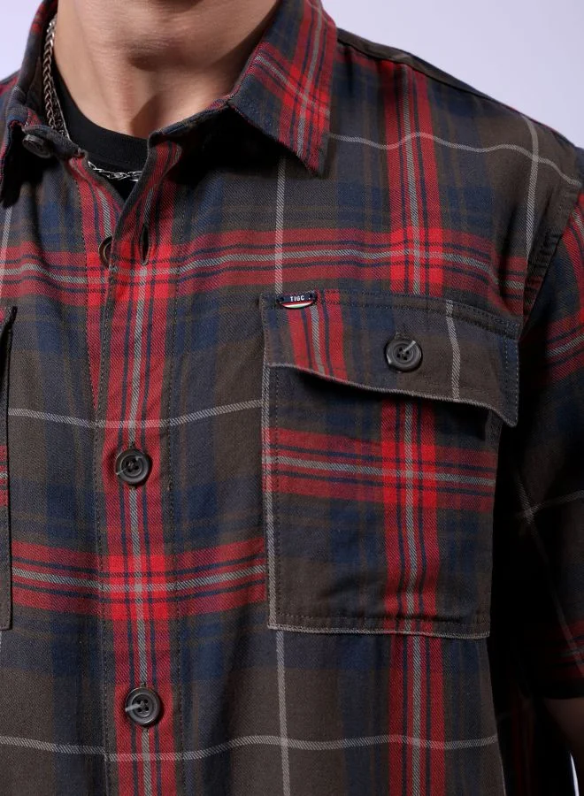 The Indian Garage Co Men Boxy Fit Checkered Half Sleeves Cuban Collar Double Flap Pocket Street Wear Over Shirt