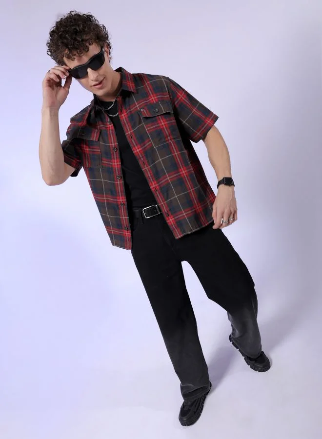 The Indian Garage Co Men Boxy Fit Checkered Half Sleeves Cuban Collar Double Flap Pocket Street Wear Over Shirt