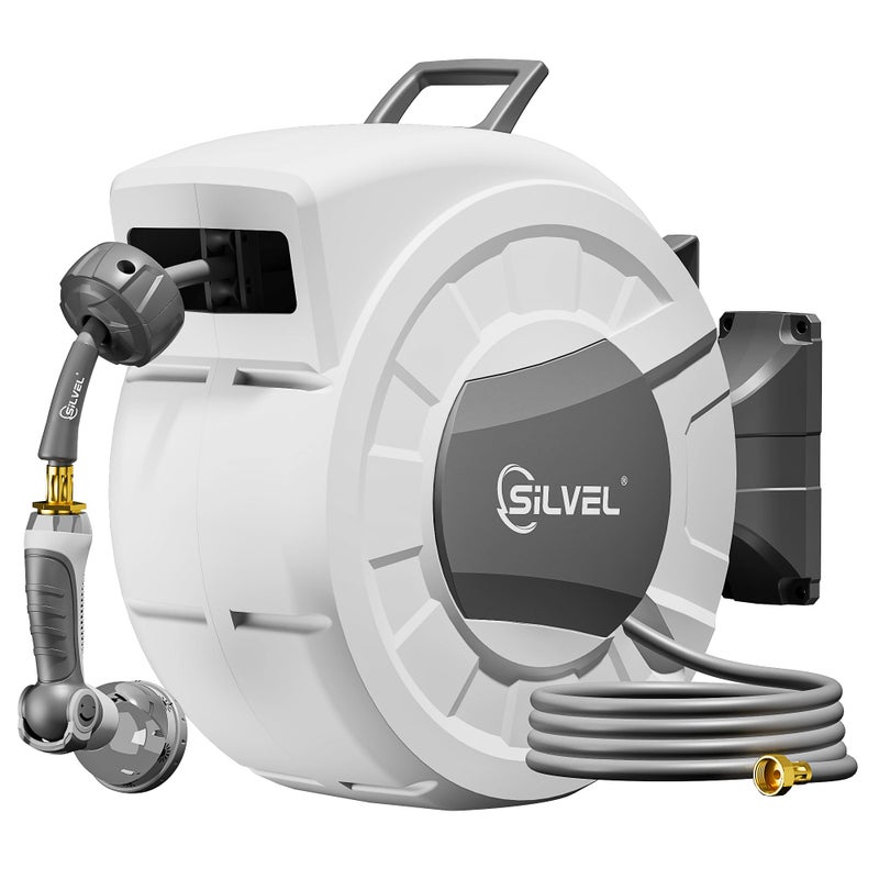 SILVEL Retractable Garden Hose Reel, 1/2" x 100ft Wall Mount Heavy Duty Automatic Hose Reel with 10 Pattern Nozzle, Any Length Lock & Slow Return System, 180Â°Swivel Bracket Upgraded UV Resistant,Light Grey - Image 1