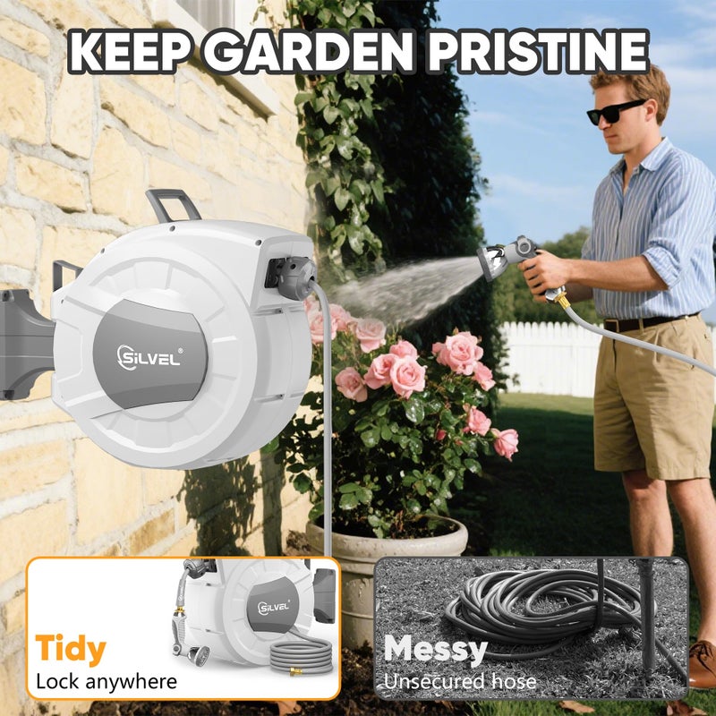 SILVEL Retractable Garden Hose Reel, 1/2" x 100ft Wall Mount Heavy Duty Automatic Hose Reel with 10 Pattern Nozzle, Any Length Lock & Slow Return System, 180Â°Swivel Bracket Upgraded UV Resistant,Light Grey - Image 2