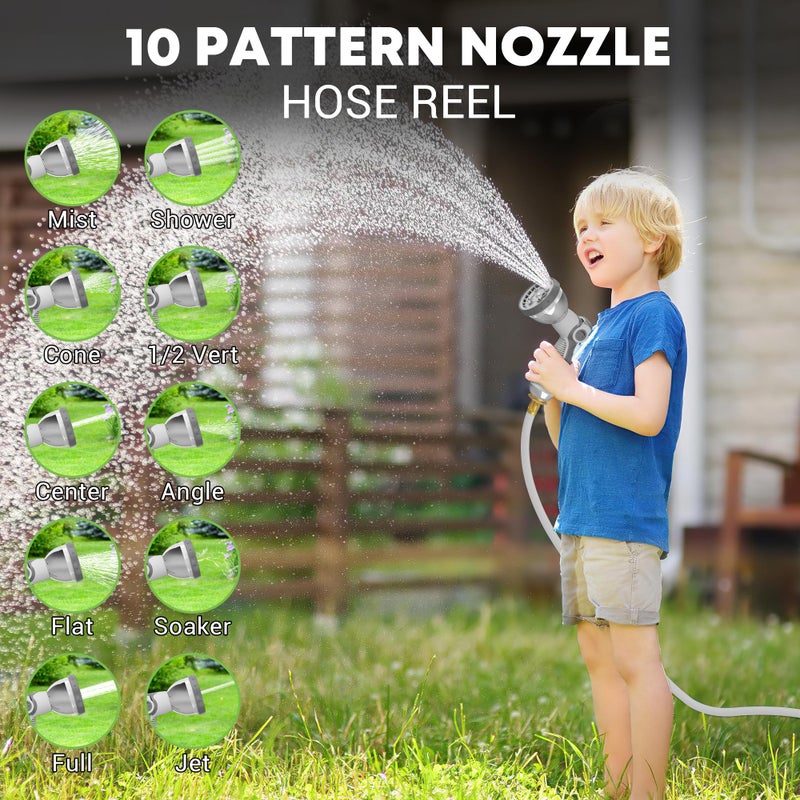SILVEL Retractable Garden Hose Reel, 1/2" x 100ft Wall Mount Heavy Duty Automatic Hose Reel with 10 Pattern Nozzle, Any Length Lock & Slow Return System, 180Â°Swivel Bracket Upgraded UV Resistant,Light Grey - Image 3