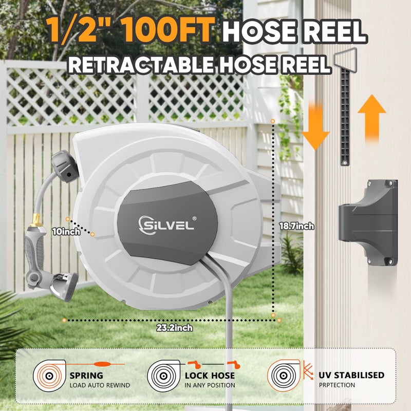 SILVEL Retractable Garden Hose Reel, 1/2" x 100ft Wall Mount Heavy Duty Automatic Hose Reel with 10 Pattern Nozzle, Any Length Lock & Slow Return System, 180Â°Swivel Bracket Upgraded UV Resistant,Light Grey - Image 5