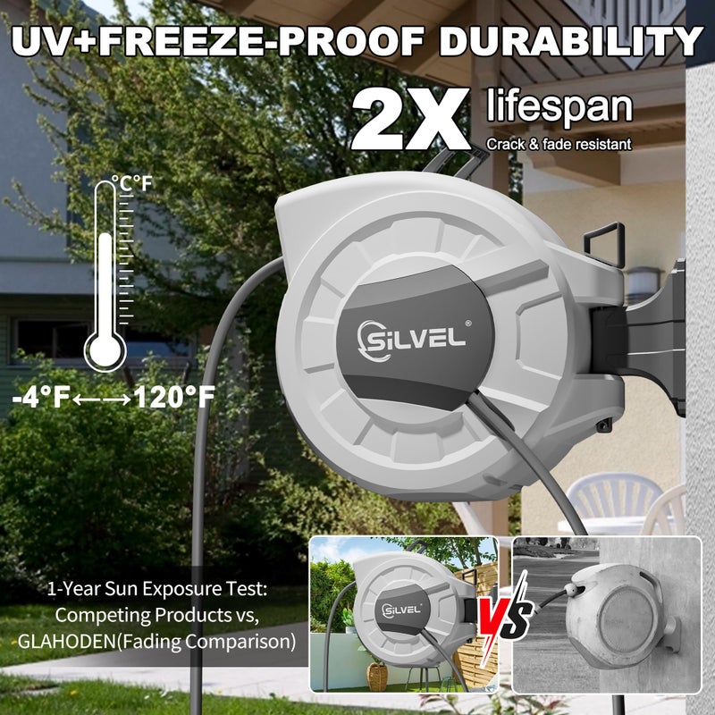 SILVEL Retractable Garden Hose Reel, 1/2" x 100ft Wall Mount Heavy Duty Automatic Hose Reel with 10 Pattern Nozzle, Any Length Lock & Slow Return System, 180Â°Swivel Bracket Upgraded UV Resistant,Light Grey - Image 4