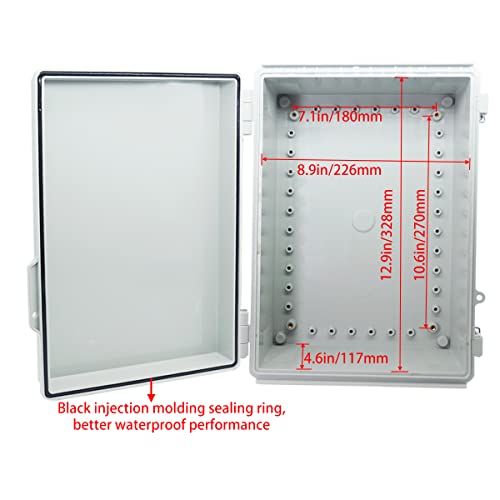 Otdorpatio Junction Box, Hinged Cover Stainless Steel Latch IP67 Waterproof ABS Project Box with 2 Cable Glands, Electrical Box Enclosure with Mounting Plate & Wall Bracket 13.8 x 9.8 x 5.9inch - Image 4