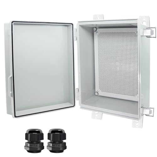 Otdorpatio Junction Box, Hinged Cover Stainless Steel Latch IP67 Waterproof ABS Project Box with 2 Cable Glands, Electrical Box Enclosure with Mounting Plate & Wall Bracket 13.8 x 9.8 x 5.9inch - Image 1