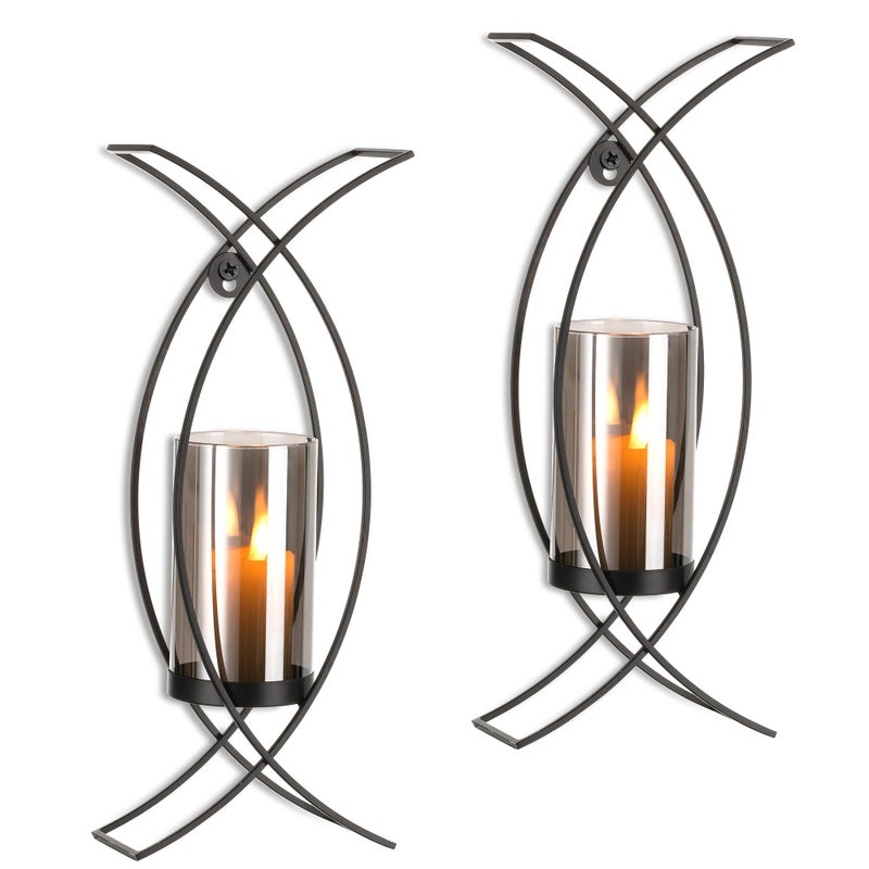 Walasis Candle Sconces Wall Decor Set of 2: Black Hurricane Wall Candle Holders - Modern Wall Mounted Hanging Candles for Indoor Fireplace Kitchen Dining Room - Image 1